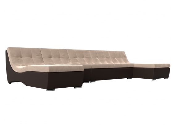 П-образный модульный диван Монреаль Long Велюр\Экокожа бежевый\коричневый